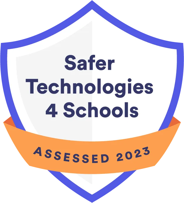 Badge icon for Safer Tech in Schools. It has purple outline in a shiel shape.